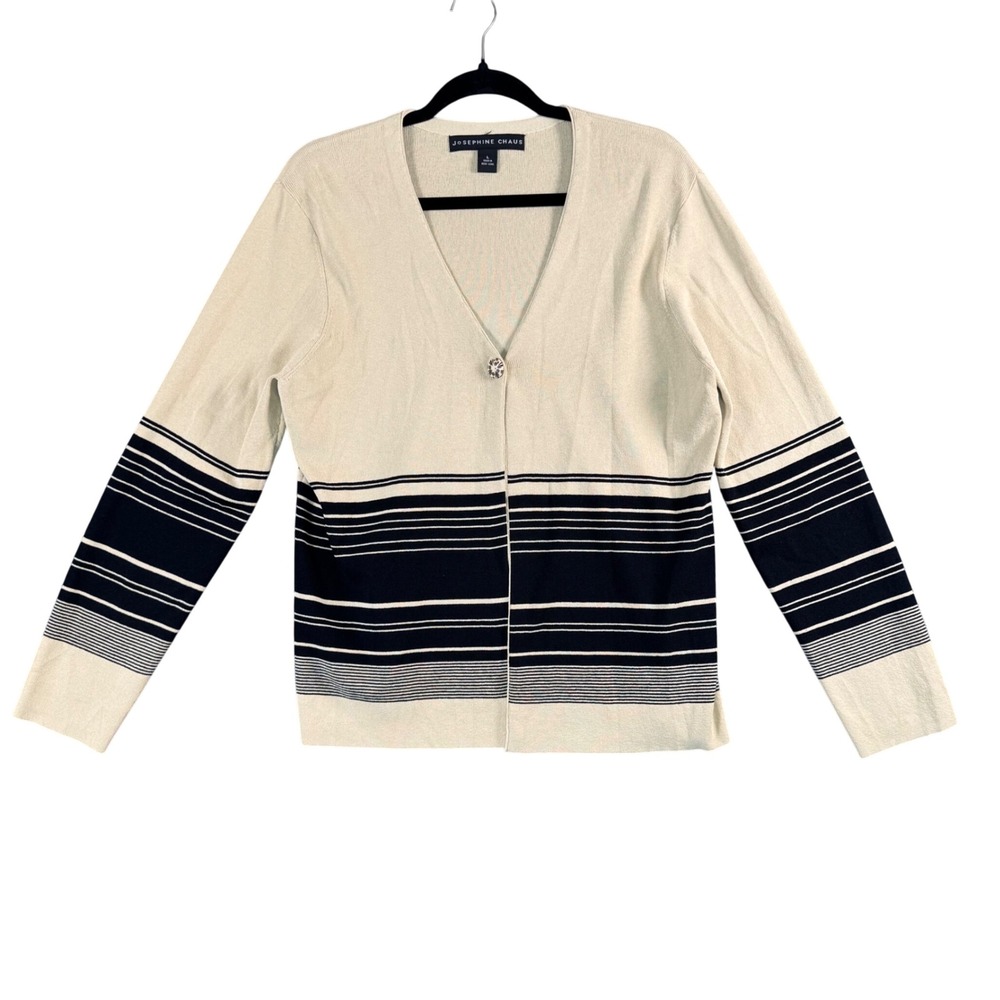 Josephine Chaus Striped Button Front Cardigan Large Neutral Minimalist Classic